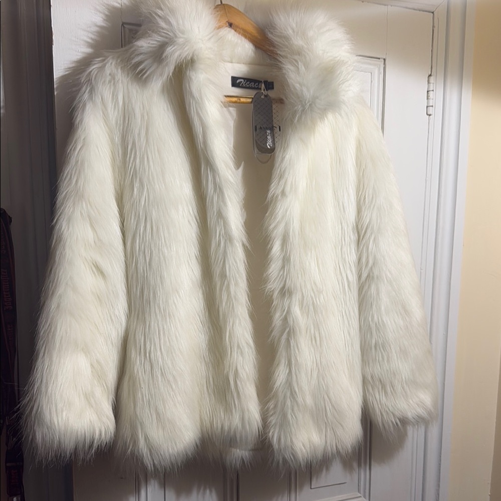 White Teddy Jacket with Oversized Fit and Plush Collar